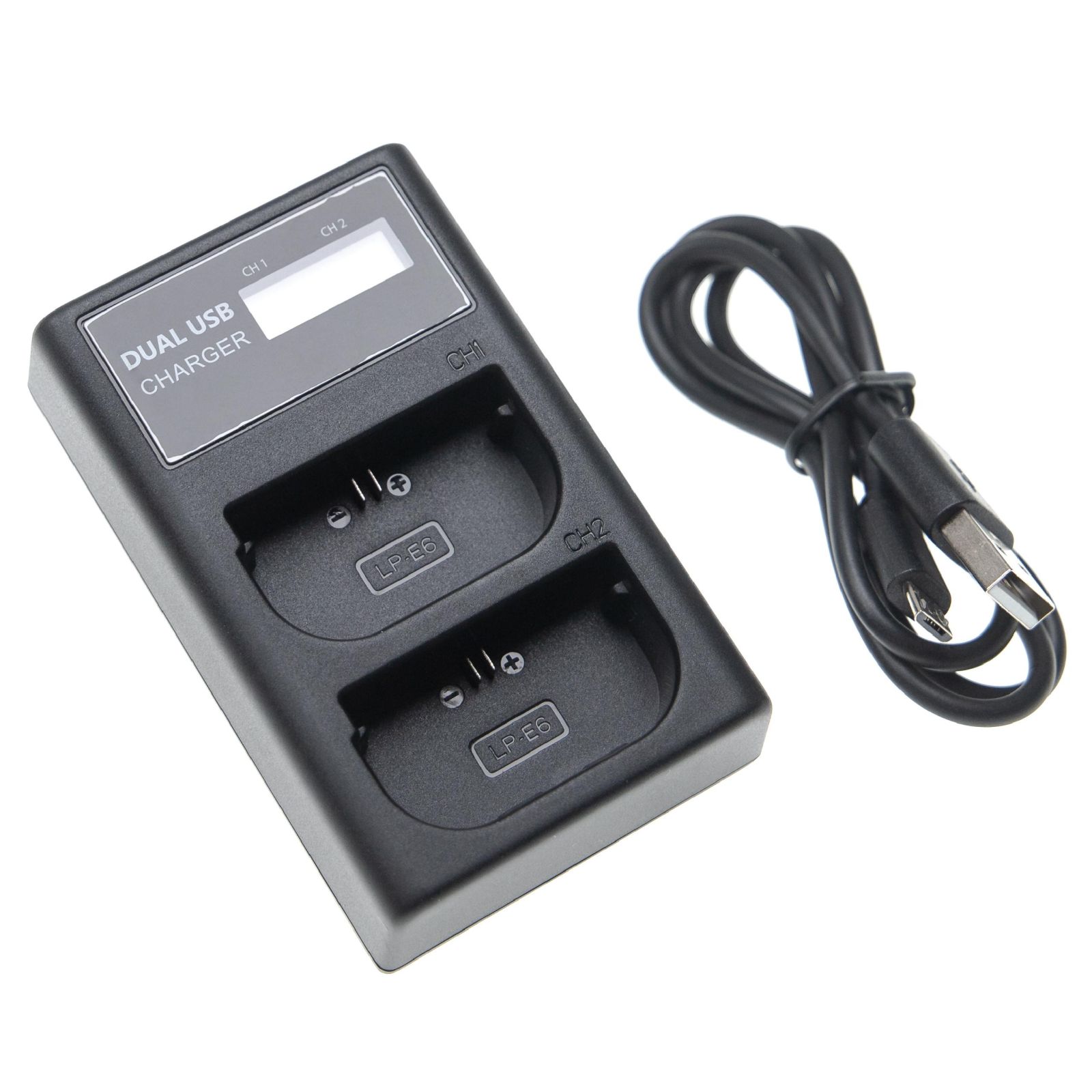 Duálna nabíjačka (Micro USB / Typ C) pre batériu Canon LP-E6N atď., s displejom