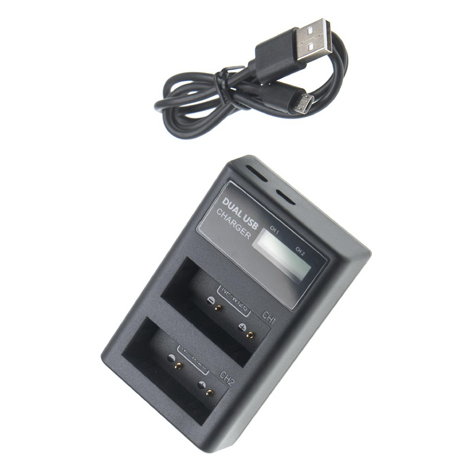 Duálna nabíjačka (Micro USB / Typ C) pre batériu Fujifilm NP-W126 atď., s displejom